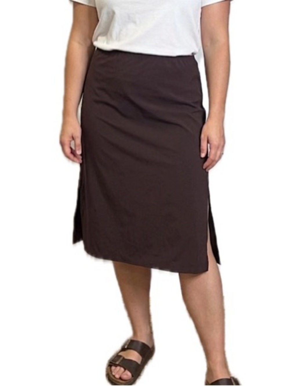 Uniqlo Dark Brown Elastic Pull On Midi Skirt Womens Size Large A-Line Side Slits